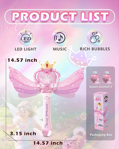 Princess Bubble Wand for Girls, Light Up Bubble Maker with Music & LED Lights, Automatic Bubble Blower Toy with Wings, Leak-Proof Bubble Machine for Kids Outdoor Birthday Party Gifts