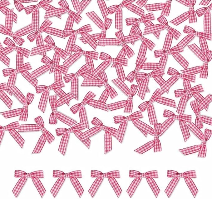 Meseey 100 Pcs 1.5 Inches Premade Craft Bows Self Adhesive Hot Pink and White Plaid Satin Ribbon Bows for Treat Bags Gift Wrapping Basket Wedding Baby Shower Brithday Party(Hot Pink and White Plaid)