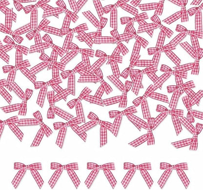 Meseey 100 Pcs 1.5 Inches Premade Craft Bows Self Adhesive Hot Pink and White Plaid Satin Ribbon Bows for Treat Bags Gift Wrapping Basket Wedding Baby Shower Brithday Party(Hot Pink and White Plaid)