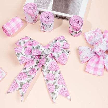 4 Rolls Pink Floral Wired Ribbon Set - 2.5 Inch Wide, 20 Yards Total – Rose Patterned Pink and White Vintage Satin Ribbon for Crafts, Spring, and Floral Decor