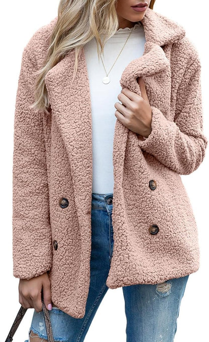 Women's Winter Warm Plush Cardigan Fuzzy Fleece Lapel Jacket with Buttons Pockets Long Sleeve Casual Outerwear