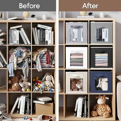 Homsorout Foldable Storage Cubes - Cubby Storage Organizer with Window, Decorative Baskets for Organizing, 11 Inch Fabric Cube Shelf Bins, Set of 10, Beige