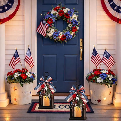 Patriotic Lanterns Decorative Indoor, 2 Pack Black Lantern with Timer Flameless Candle, 14" Battery Waterproof Outdoor Hanging 4th of July Lanterns for Porch, Patio, Patriotic Decorations