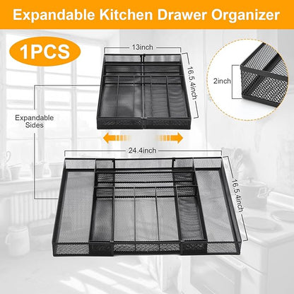 1 Pcs Utensil Drawer Silverware Organizer, Metal Mesh Expandable 13" ~24" Kitchen Drawer Organizer, 7-9 Slots Cutlery Tray Dividers for Kitchen Flatware Christmas Housewarming Gift (Black)