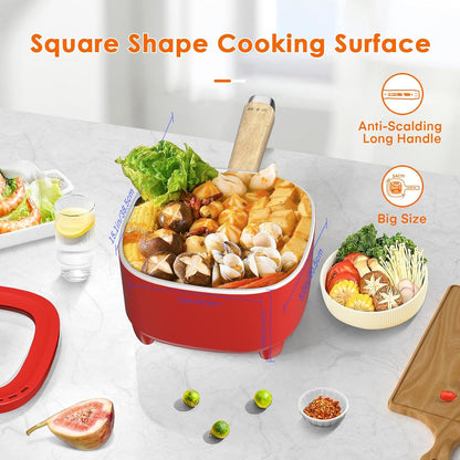Audecook Hot Pot Electric 2L, Cermic Glaze Non-Stick Frying Pan 8 Inch, Portable Travel Cooker for Ramen/Steak/Fried Rice/Oatmeal/Soup, with Dual Power Control (Silicone Spatula Included)