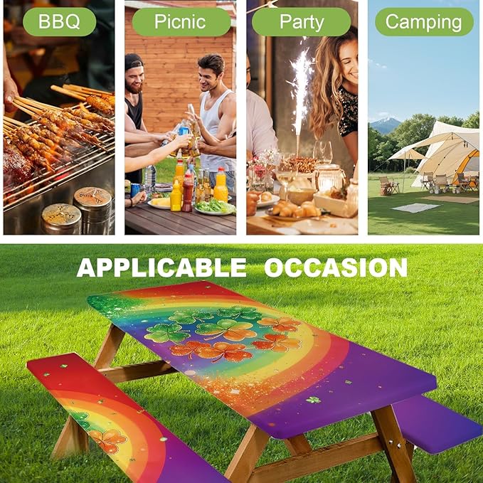 ANNA QUEEN 6FT Rainbow Clover Outdoor St. Patrick's Picnic Table Cover with Bench Covers Picnic Table Cover Set 3PCS 72"x30", Outdoor Bench and Tablecloth Furniture Protection
