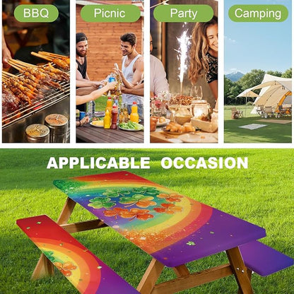 ANNA QUEEN 6FT Rainbow Clover Outdoor St. Patrick's Picnic Table Cover with Bench Covers Picnic Table Cover Set 3PCS 72"x30", Outdoor Bench and Tablecloth Furniture Protection