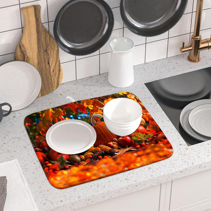 Fall Harvest Pumpkin Dish Drying Mat for Kitchen Counter,Thanksgiving Maple Leaves Sunflower Drying Mat 16 x 18 Inch with Absorbent Reversible