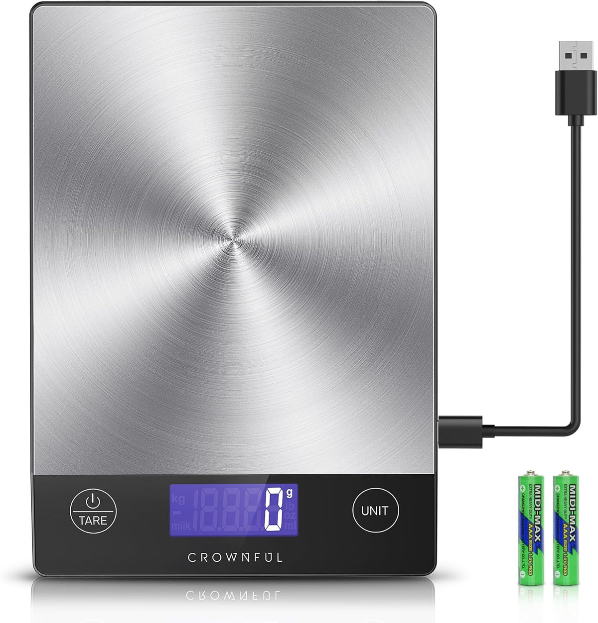 Crownful Food Scale, Rechargeable 304 Stainless Steel Digital Kitchen Scale Upto 33lb Weight Grams and Ounces with LCD Display and Type-C Charging