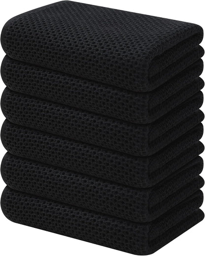 Kitinjoy 100% Cotton Waffle Weave Kitchen Towels, 6-Pack Super Soft and Absorbent Dish Towels for Drying Dishes, Kitchen Hand Towels, 13 in x 28 in, Black