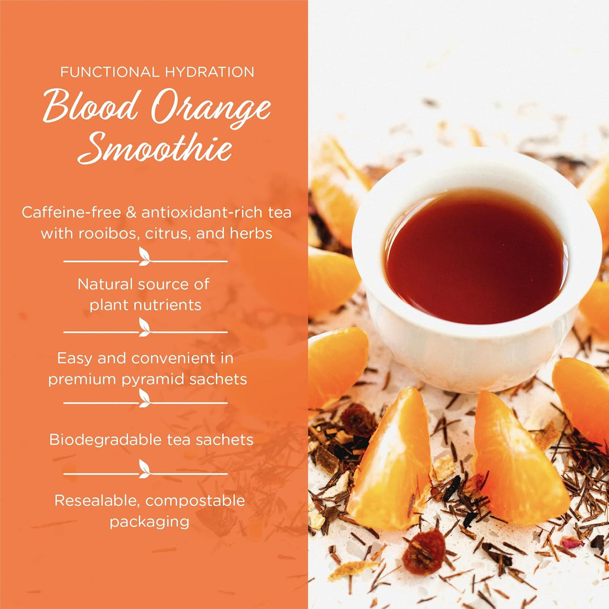 The Tea Spot Blood Orange Smoothie Herbal Tea, Blend of Rooibos Tea, Orange Peel, Hibiscus, Rosehips, Rose Petals, Safflowers