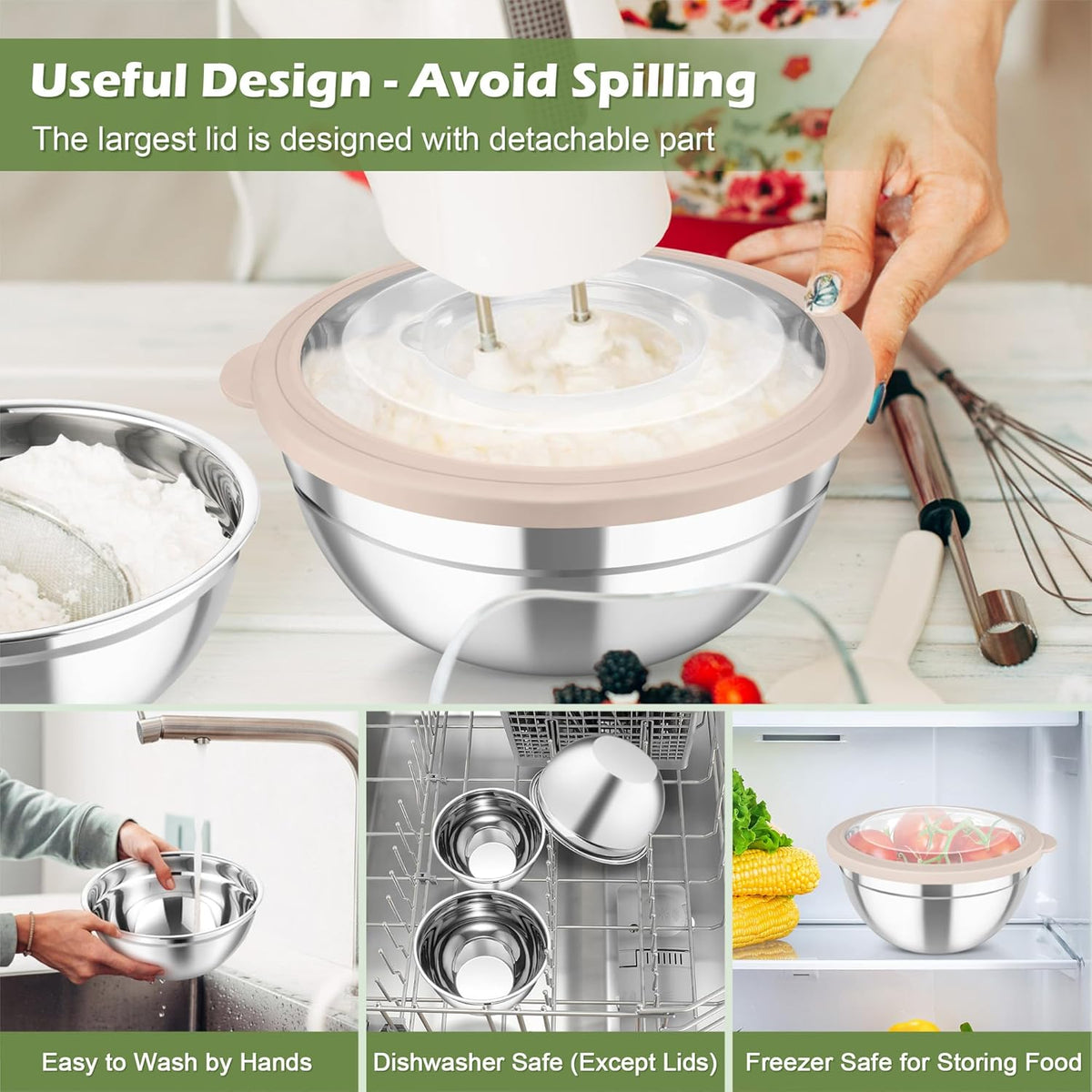 TeamFar Mixing Bowls, 3PCS Stainless Steel Serving Salad Bowls with Lids & 3 Graters, For Kitchen Mixing/Baking/Storing/Prepping, Visible & Airtight