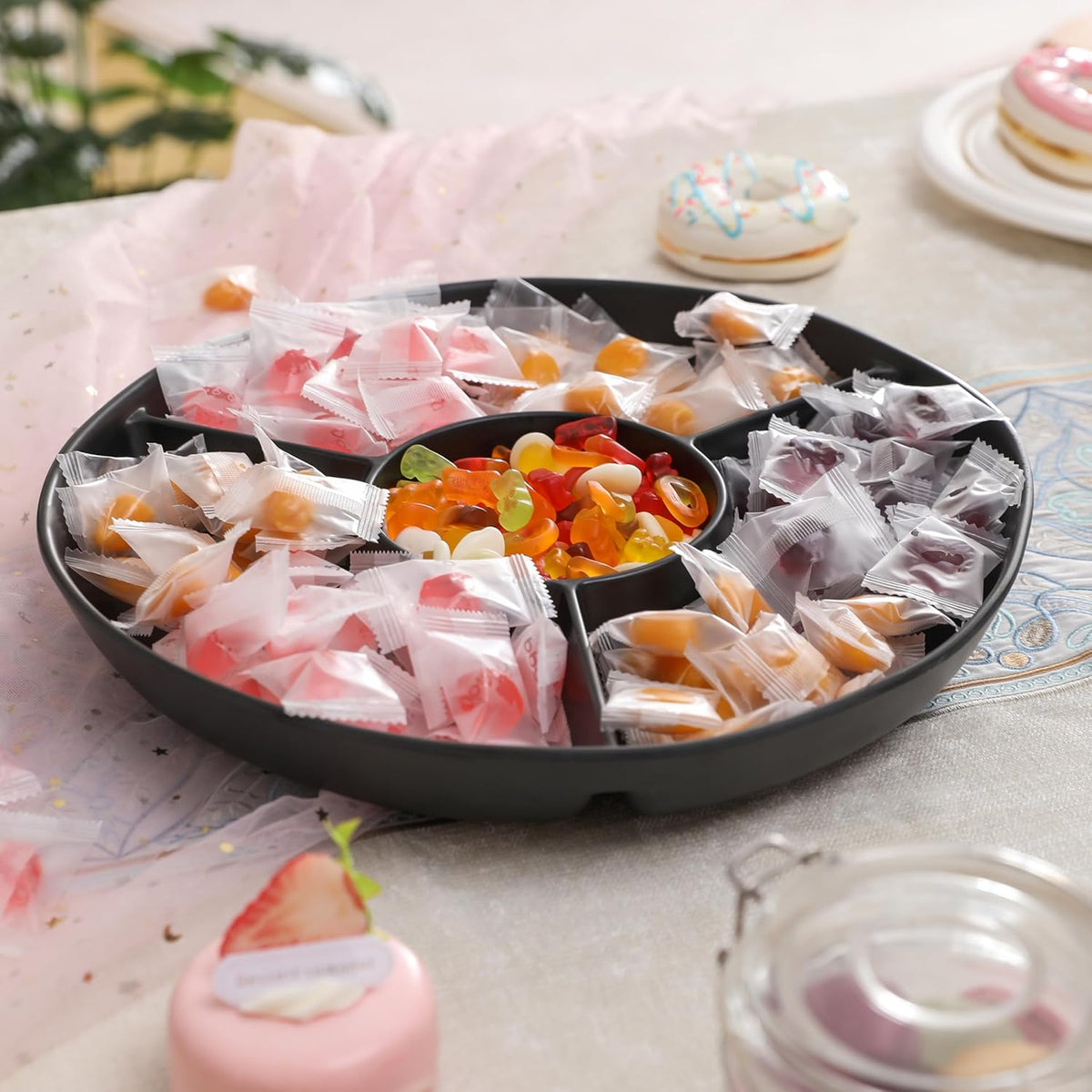 Chip & Dip Serving Tray Set, 4 Sectional Round Melamine Serving Platter, Relish Tray, Round Compartment Appetizer platter for Veggies