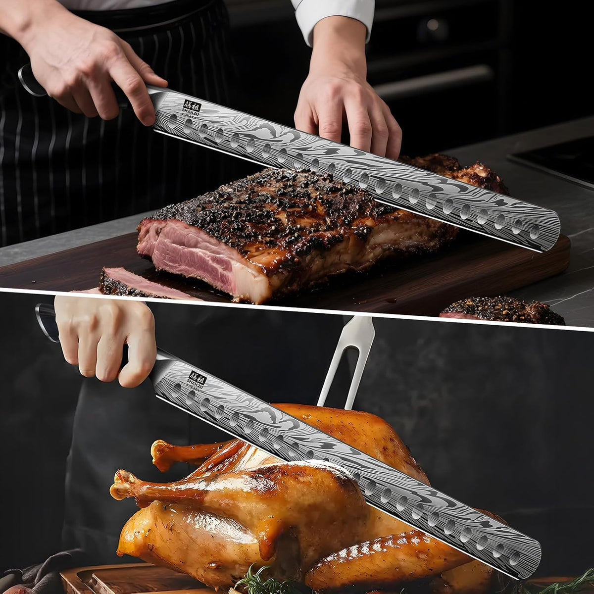 Shan ZU Brisket Knife in Powder Steel, 12 Inch Carving Knife for Meat Cutting, Turkey and BBQ, Slicing Knives with Ergonomic Pakkawood Handle
