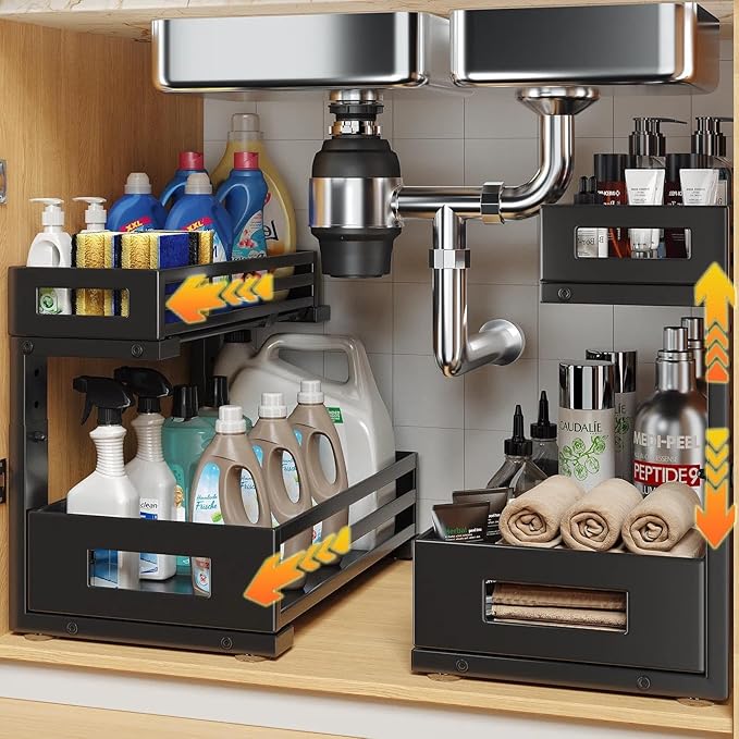 2-Pack Under Sink Organizer and Storage,2-Tier L Shape Pull Out Cabinet Organizer With Round Tube Slide Rails,Hight Adjustable Slide Out Drawers for Kitchen&Bathroom,Multi-Purpose Shelf-Black