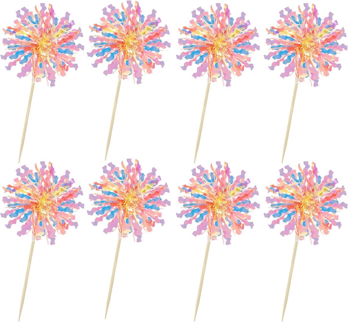 Ephlyn 30Pcs Foil Firework Cupcake Toppers Happy Birthday Cake Toppers Tinsel Flower Drink Stirrers Cocktail Food Fruit Toothpicks for Valentine's Day Party Decorations Orange