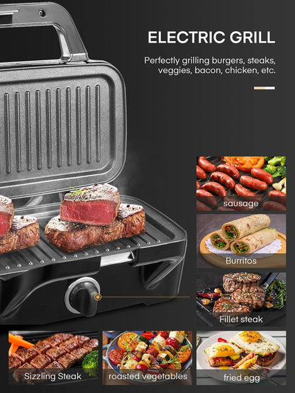 FOHERE Sandwich Maker 3 In 1 Waffle Maker With Removable Plates,Grilled Cheese Maker, 5-gear Temperature Control, Non-stick Coating Easy to Clean, Indicator Lights, Silver/Black