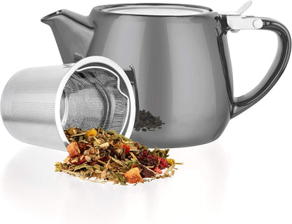 Tealyra - Pluto Porcelain Small Teapot Grey - 18.2-ounce (1-2 cups) - Unique Finish - Stainless Steel Lid and Extra-Fine Infuser To Brew Loose Leaf Tea - 540ml