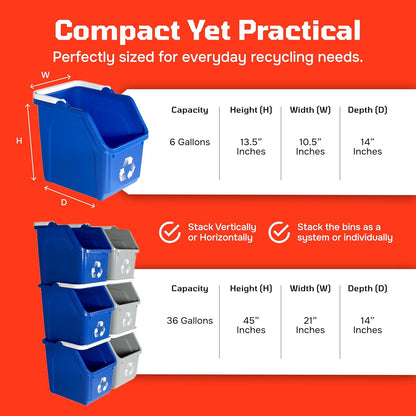 Multi Bin Recycling System with Six Stackable 6 Gallon Recycle Bins to Build Your Recycling Center for Offices, Kitchen, Garages, Businesses - (6 Pack, Blue/Grey)