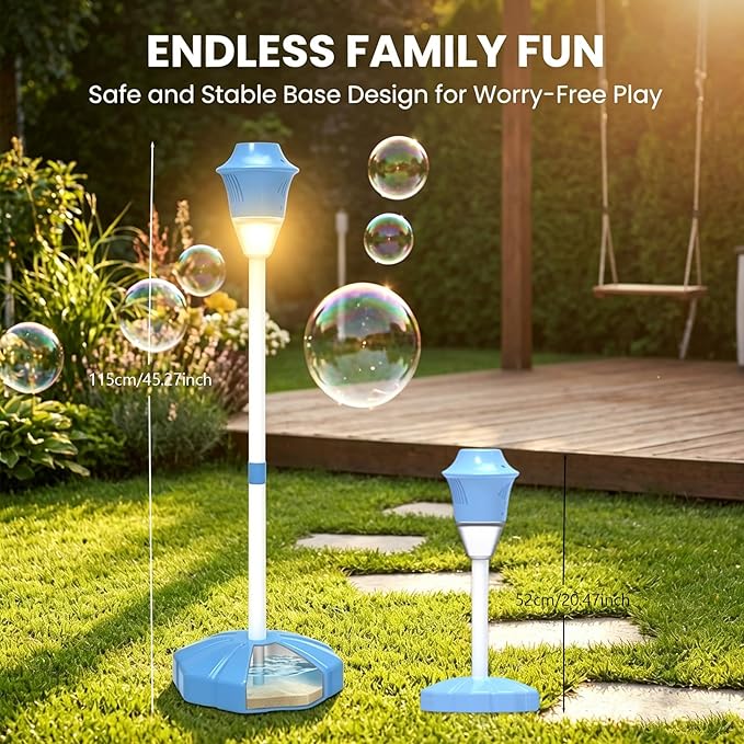 【Ocean Blue】 Bubble Machine, Automatic Street Lamp Bubble Torch with Lights, Standing Bubble Maker Detachable Handheld Wand, Rechargeable Outdoor Bubble Tower for Birthday Party Garden Backyard