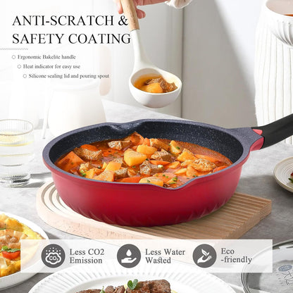 Vinchef Nonstick Skillet with Lid, 11In/5Qt Aluminum Deep Frying Pan with Lid and Heat Indicator, Anti Scratch and Anti Stain Deep Saute Pan, Induction Compatible