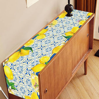 Lemon Table Runner, Blue Tile Yellow Vintage Moroccan Summer Seasonal Fresh Fruits Coffee Cafe Vintage Table Center Decor for Home Kitchen Dining Party Patio Indoor Outdoor, 13"x90" Inch