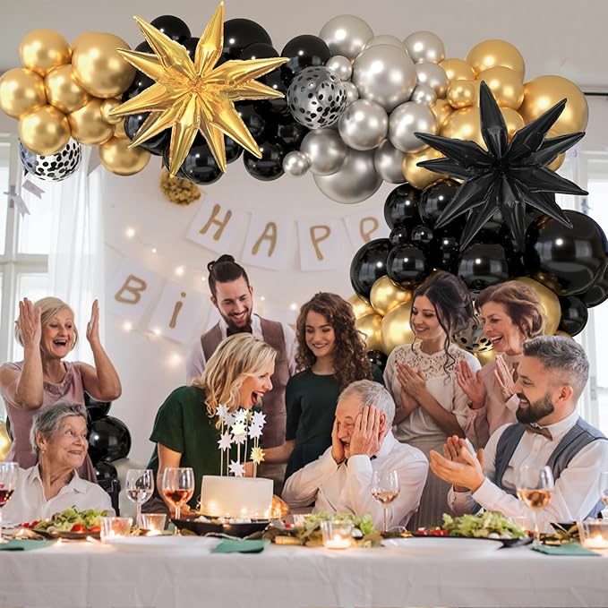 Amandir Black and Gold Balloons Arch Kit for Graduation Party Decorations, 145Pcs Black Gold Silver Confetti Balloons with Foil Star for 2026 Graduation College Congrats Grad Class Birthday Supplies