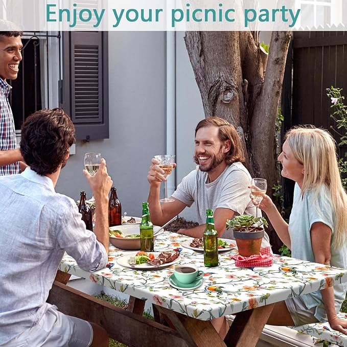 Bird Branch Picnic Table Cover with Bench Covers and Bag, Camping Essentials, Spring Summer Floral Waterproof Windproof, Fitted Tablecloth Cover with Elastic Edge for Outdoor Garden 3 PCS 30x72 Inch