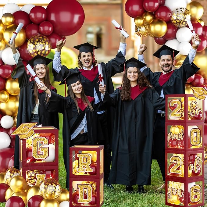 Graduation Decorations Class of 2026,Maroon and Gold Graduation Decorations 2026,Maroon and Gold Grad Balloon Boxes with Letters 2026,So Proud of You Backdrop for Graduation Party