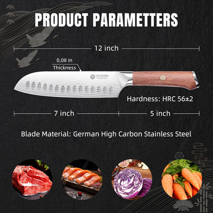 Yotsuba Santoku Knife, 7 Inch Kitchen Knife, Sharp Japanese Knife with Wooden Handle, Forged High Carbon German Stainless Steel