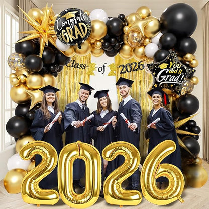 Black and Gold Graduation Decorations with Gold Confetti Black White Balloons Gold Fringe Curtain Banner for Graduation Decorations 2026