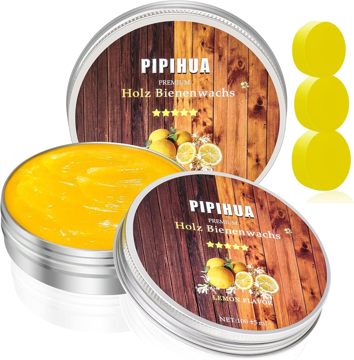 PIPIHUA Beeswax Polish and Conditioner for Wood Furniture - Waterproof & Restorer Wood Wax, Multipurpose Beeswax Furniture Polish and Cleaner for All Types and Colours, Lemon(2×100g with 3 Sponges)