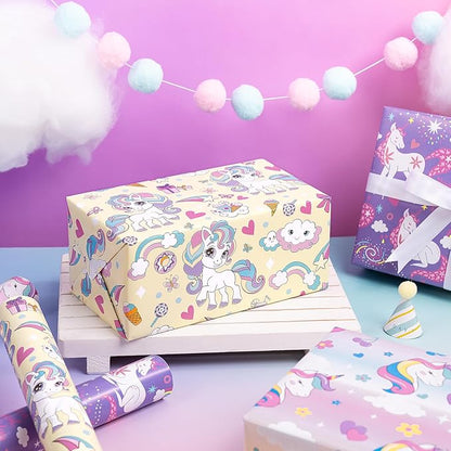 WRAPAHOLIC Unicorn Birthday Wrapping Paper Roll - 3 Short Roll - Rainbow Unicorn Wrapping Paper for Kids Boys Girls Birthday, Baby Shower - 17 Inch x 120 Inch Per roll