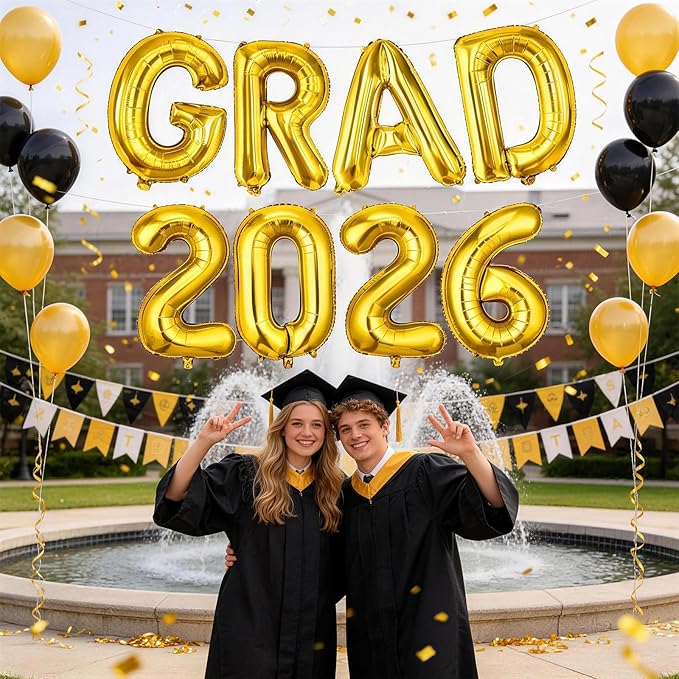 Gold Grad 2026 Balloons, 2026 Graduation Decorations Set Congrats Grad Foil Balloons Banner Sign for Class of 2026 Graduation Decorations College High School Prom Party Backdrop Supplies