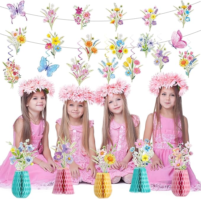 14PCS Spring Wildflower Party Decorations Wild Flower Garland Floral Banners Hanging Swirls Flower Honeycomb Centerpieces for Easter Baby Shower Wedding Garden Birthday Butterfly Party Decor Supplies