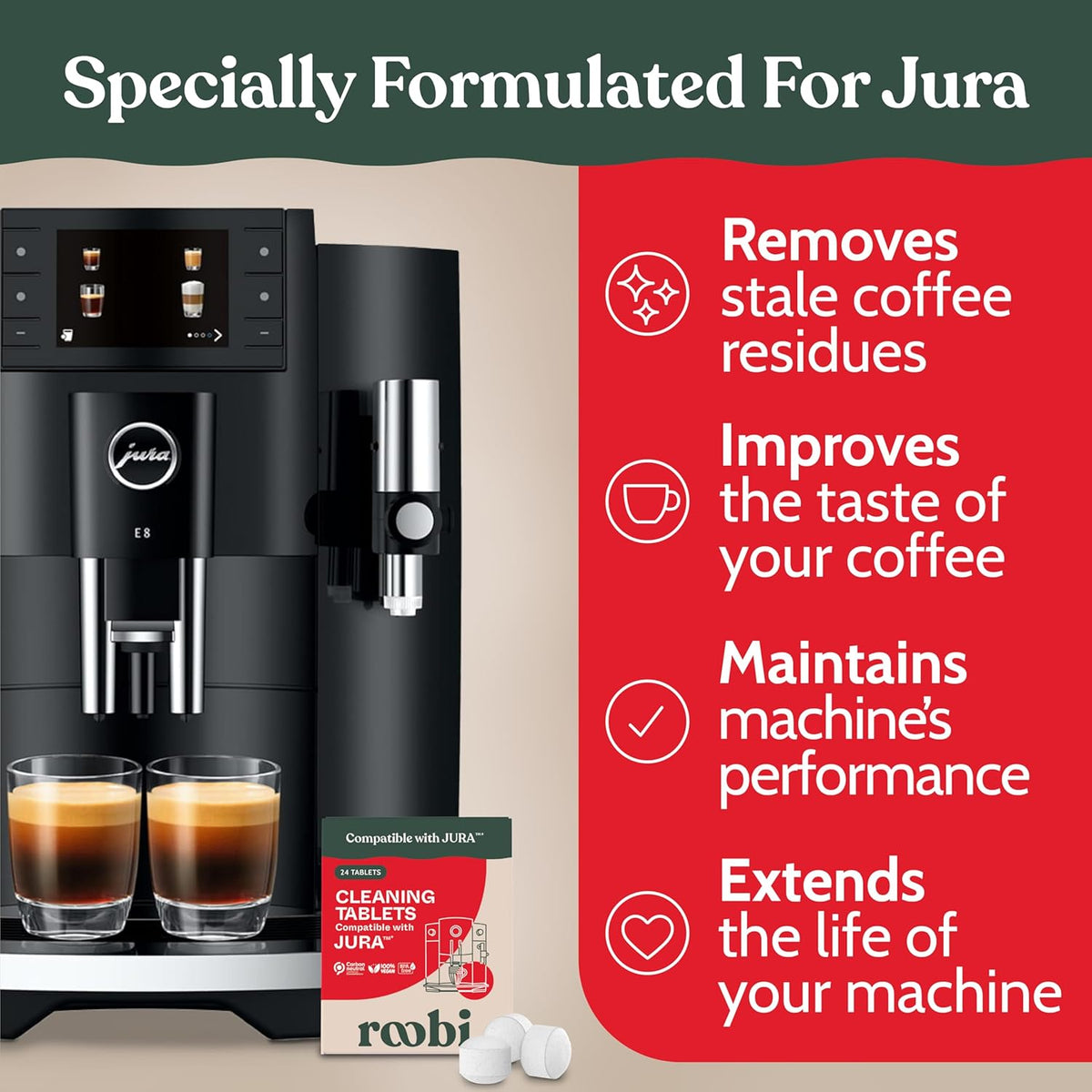 Roobi Compatible Cleaning Tablets for Jura. 24 Jura Cleaning Tablets for Automatic Espresso Coffee Machines. 100% Vegan, Carbon Neutral.