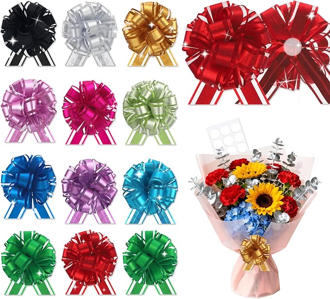 OULOVECO 12 pcs Pull Bow Ribbon for Gift Baskets Warpping Xmas Gift Bow Party Adhesive Bright Mix Colors Warp Bows for Christmas Wine Bottles Bouquet Boxes Flower Valentine's Day (12Pcs-Mix colors)