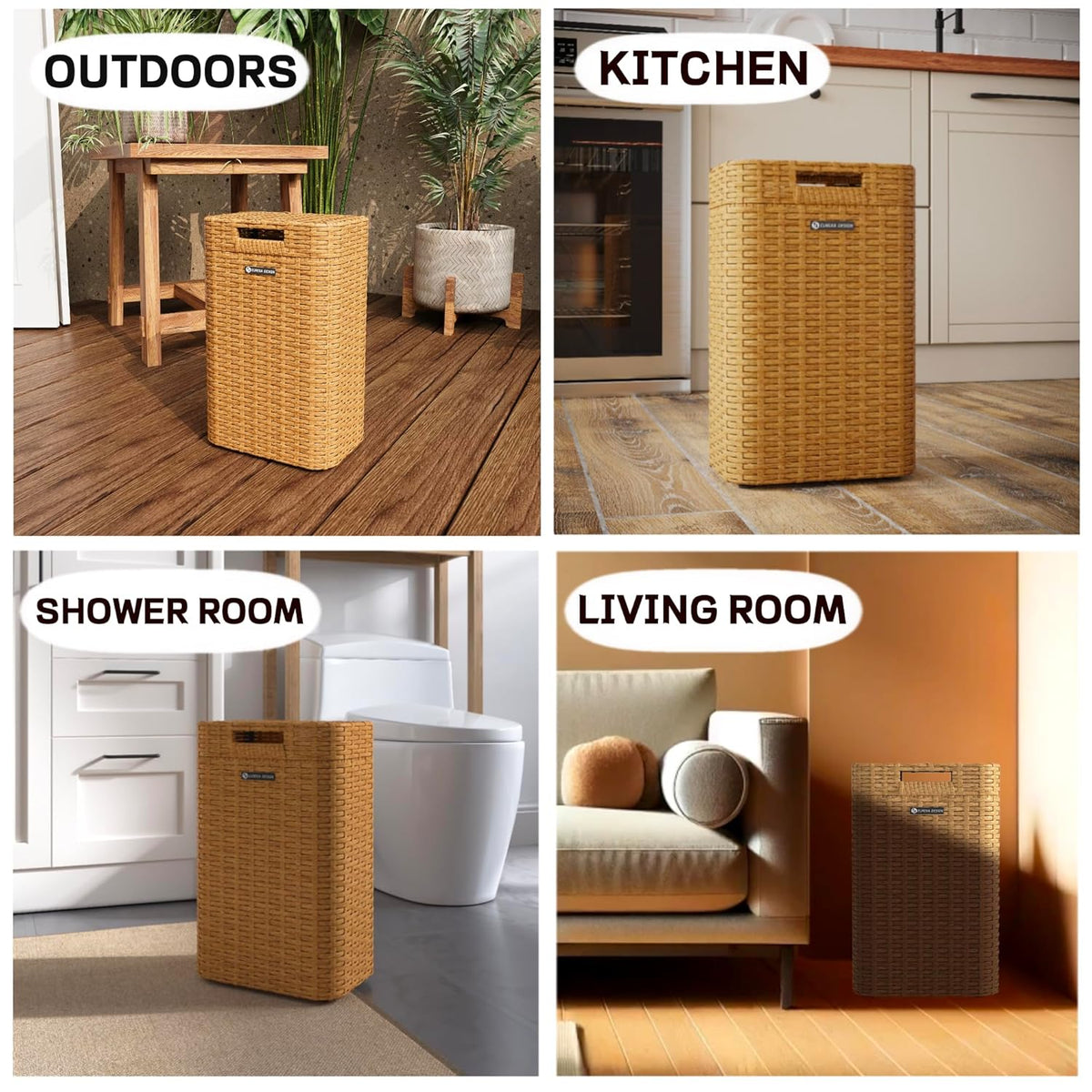 Ypati Handwoven 4 Gallon Rattan Trash Can with Lid, Boho Style Decorative Indoor and Outdoor Trash Bin with Shelf, Waste Basket for Bathroom, Patio, Study, with Trash Bags, Bohemian Yellow, Eureka