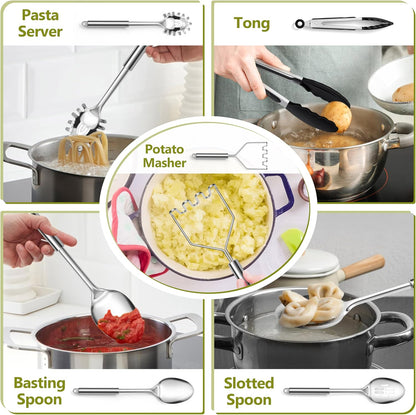E-far Cooking Utensils Set, 10-Piece Stainless Steel Kitchen Utensils with Holder, Metal Heat Resistant Kitchen Cookware Tool Spatula Set for Cooking