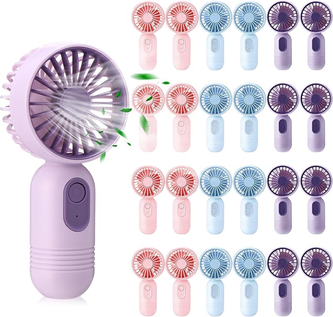 Rossesay 24 Pack Mini Portable Fan Bulk for Travel 3 Speeds, Rechargeable USB Battery Operated, Small Handheld Personal Eyelash Fans for Women Men Indoor Outdoor(Pink Blue Purple)