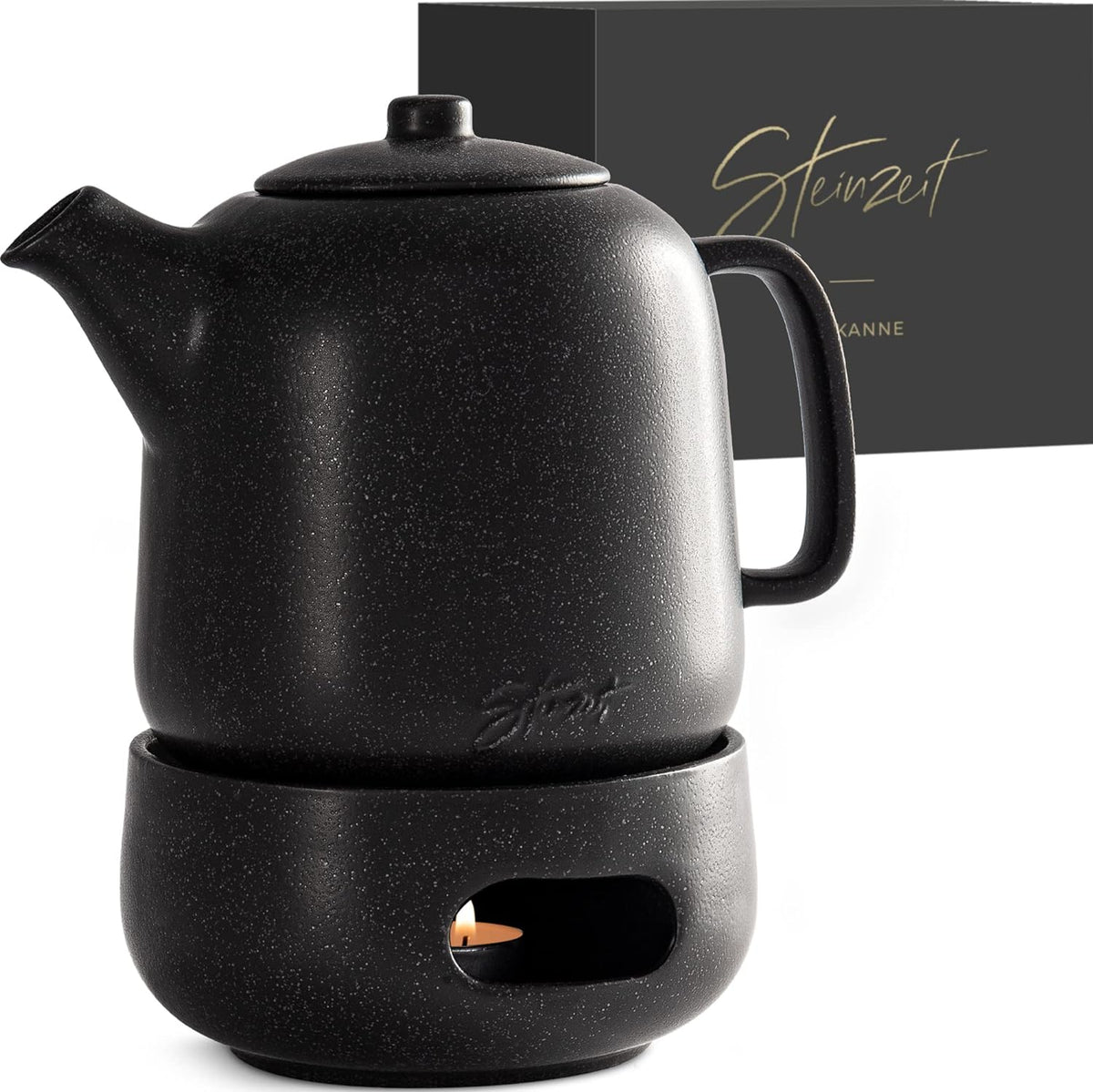 Steinzeit Design Tea Pot with Warmer (44 oz) - Premium Ceramic Teapot with Infuser for Loose Tea - Black Teapot Ceramic with Removable Steamer