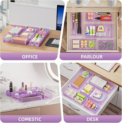 Marbrasse 5 Pack Desk Drawer Organizer Set, Mesh Drawer Storage Trays with 1 Adjustable Divider, Desk Organizers and Accessories, 5 PCS Drawer for Office Supplies, Makeup & Vanity (Purple)