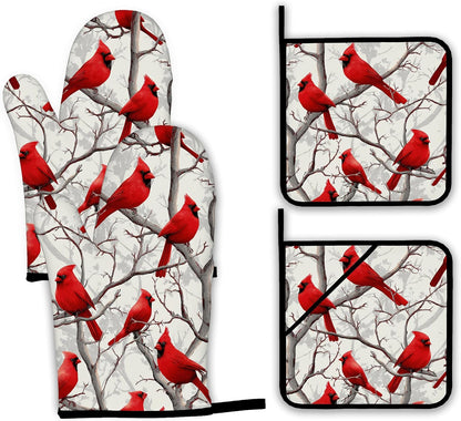 Red Cardinal Oven Mitts and Pot Holders Set,Christmas Winter Kitchen Oven Gloves and Pot Holder with Heat Resistant Non Slip for Cooking Baking Grilling(4 Piece Set)