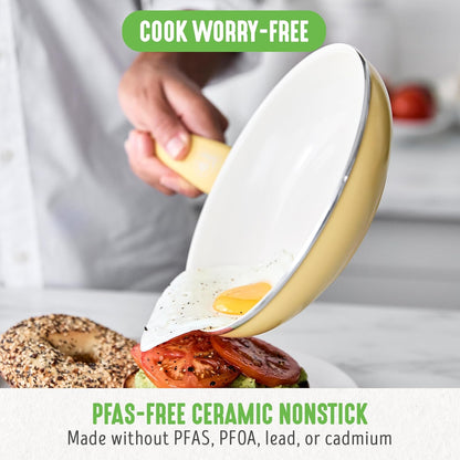 GreenLife 16 Piece Nonstick Cookware Set, Soft Grip Non-Toxic PFAS-Free Ceramic Pots & Pans, Dishwasher & Oven Safe, Frying, Sauce, Saute, Utensils, Glass Lids, Stay-Cool Handles, Wobble Free, Yellow