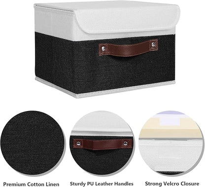 ANMINY 2PCS Storage Boxes with Lid Washable Decorative Storage Bins Basket with PU Leather Handle Foldable Linen Fabric Storage Cubes Containers for Home Closet Organizer - Black White, Small Size