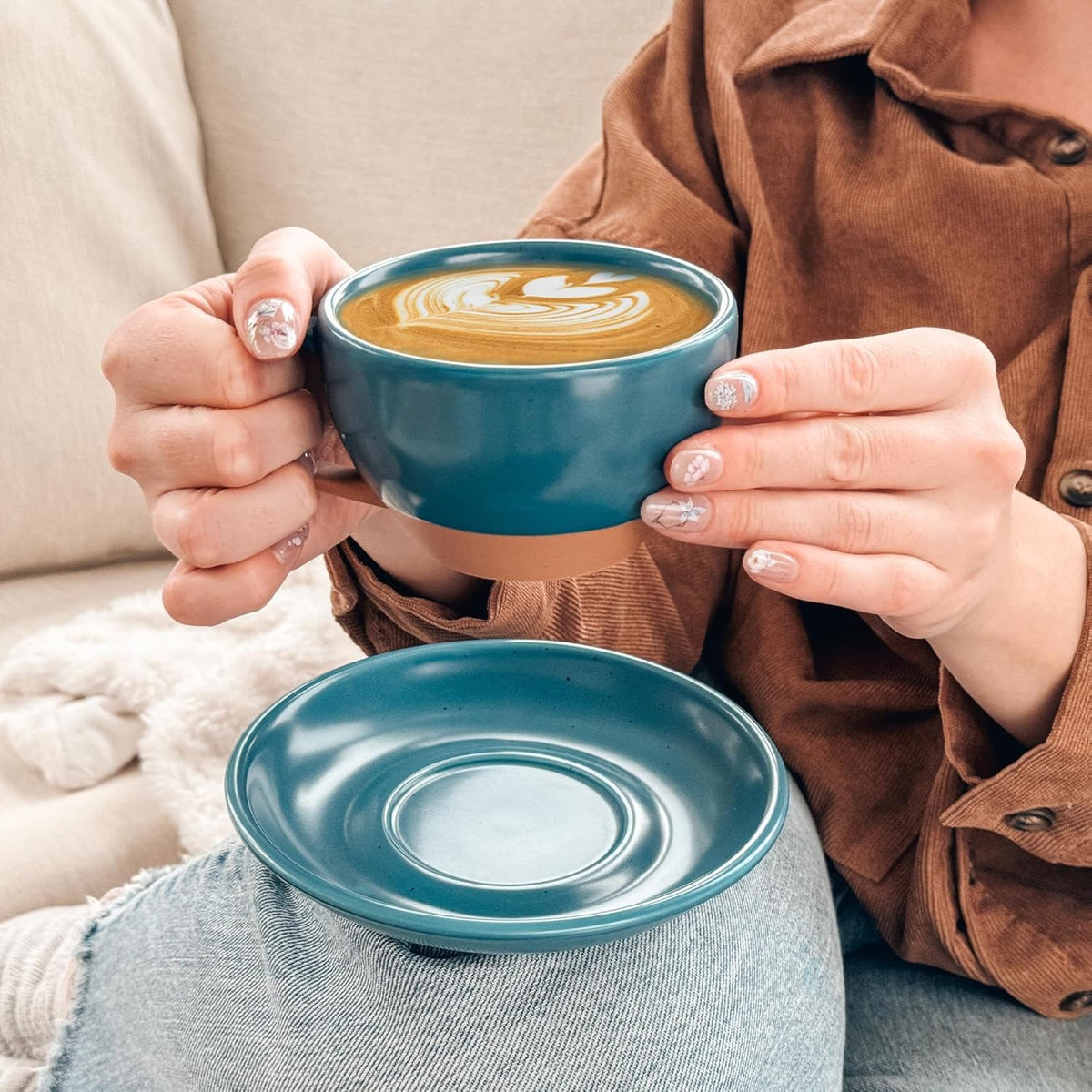 Mora Ceramic Latte Art Mug With Saucer - 10.5 oz, Round Bottom For Perfect Pours - Cafe Cups for Cappuccino, Espresso, Coffee, Tea etc