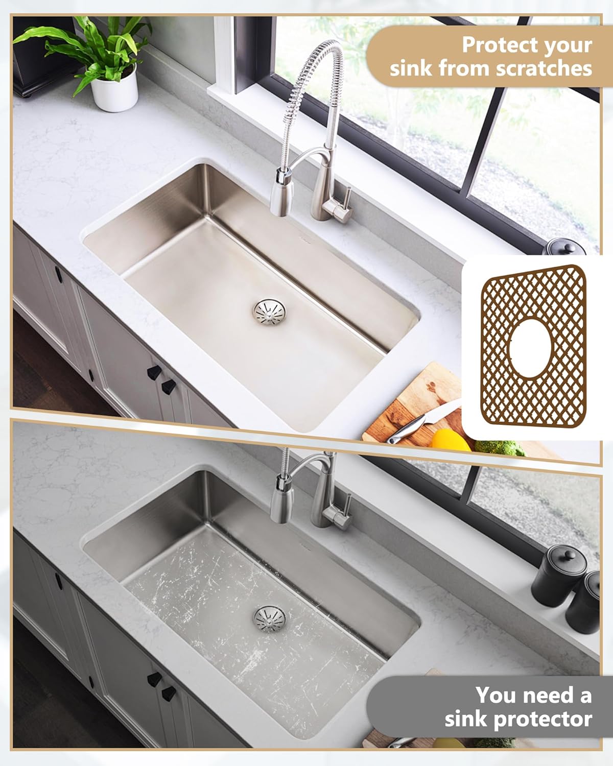 2 Pack Silicone Sink Protector for Kitchen Sink, Lozenge Pattern 13 x 11 inches Sink Grid Mat Silicone Protectors, Center Drain (Coffee)