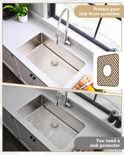 2 Pack Silicone Sink Protector for Kitchen Sink, Lozenge Pattern 13 x 11 inches Sink Grid Mat Silicone Protectors, Center Drain (Coffee)