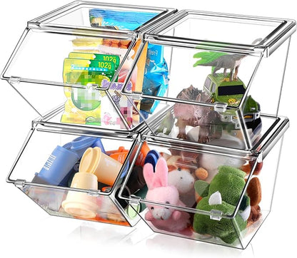 Yerliker 4 Pcs Clear Plastic Storage Bins with Lids Large Stackable Pantry Storage Organizer Bins Kitchen Organization Cabinet Organizers Ideal Containers for Fridge, Kitchen, Cabinets (Clear)