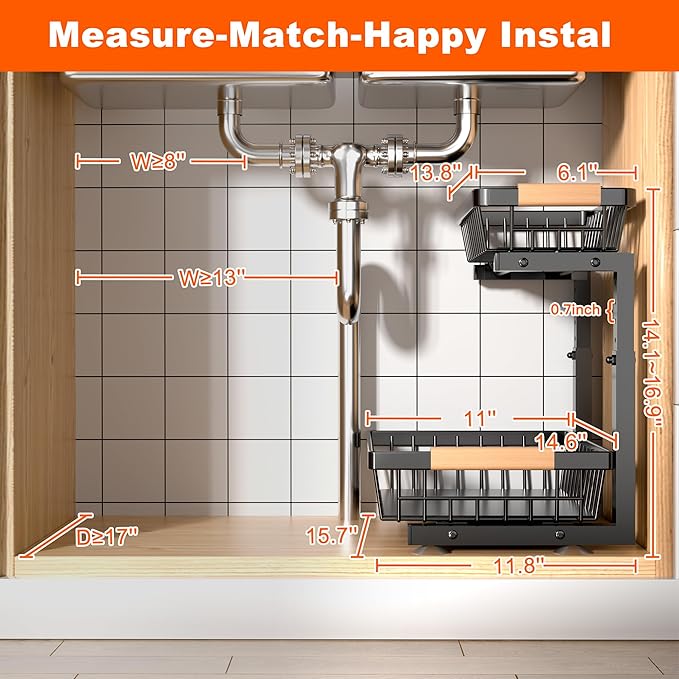 Under Sink Organizer, 2 Pack 2 Tier Under Sink Organizers and Storage, Slide Out Pull Out Cabinet Organizer Shelf, Height Adjustable Metal Drawer for Kitchen Bathroom Closet Organization Rack Black